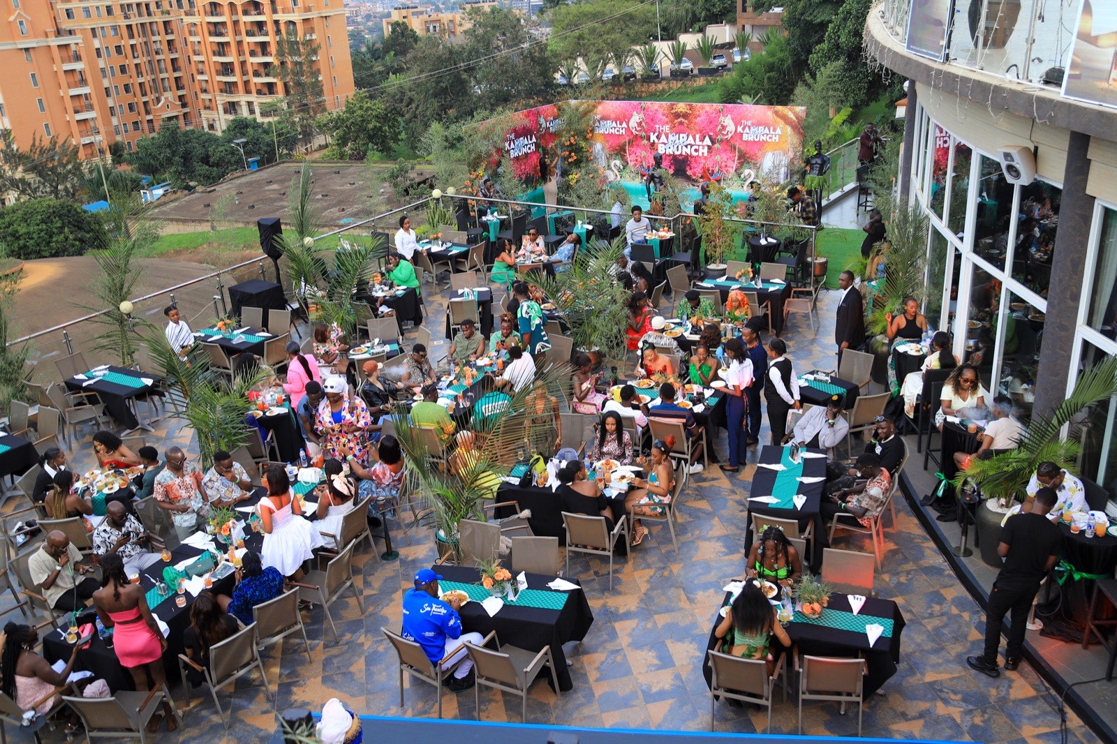 An aerial view of the rooftop terrace packed with guests at The Kampala Style Brunch, September 2024