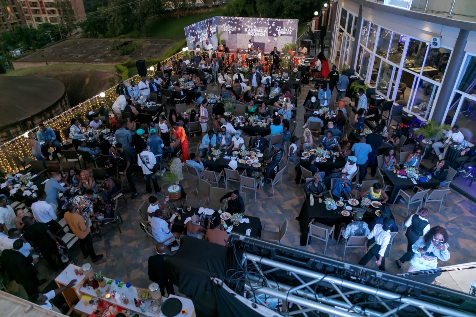 Lariza Terrace at Skyz Hotel Kampala lit up for an evening event