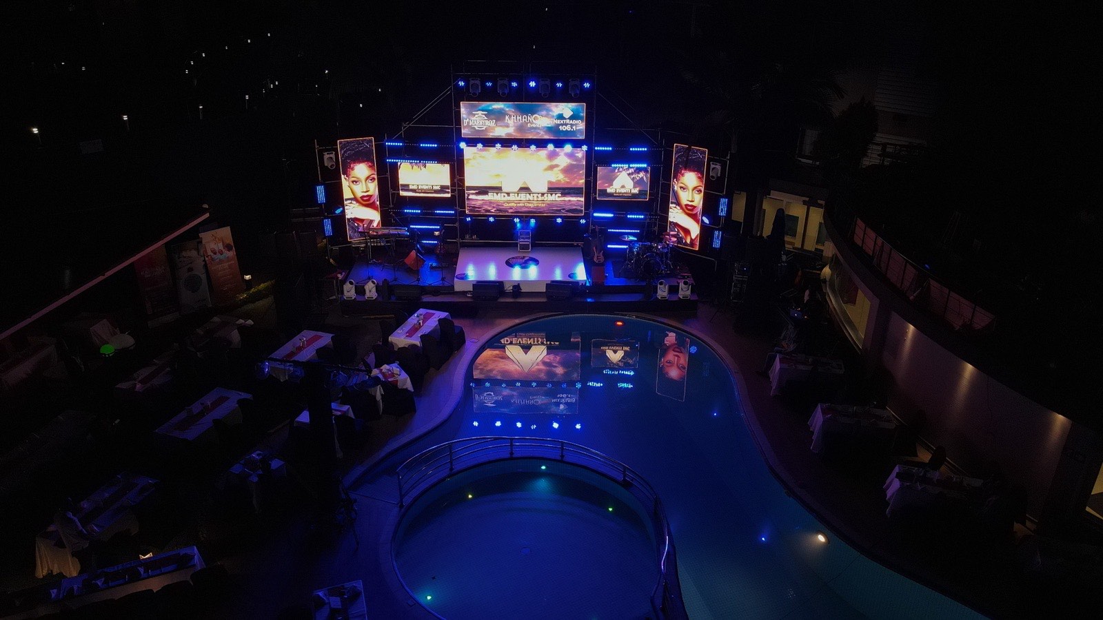 Tropicanna Poolside set up for a Skyz Exclusive night with D'Maestroz Band